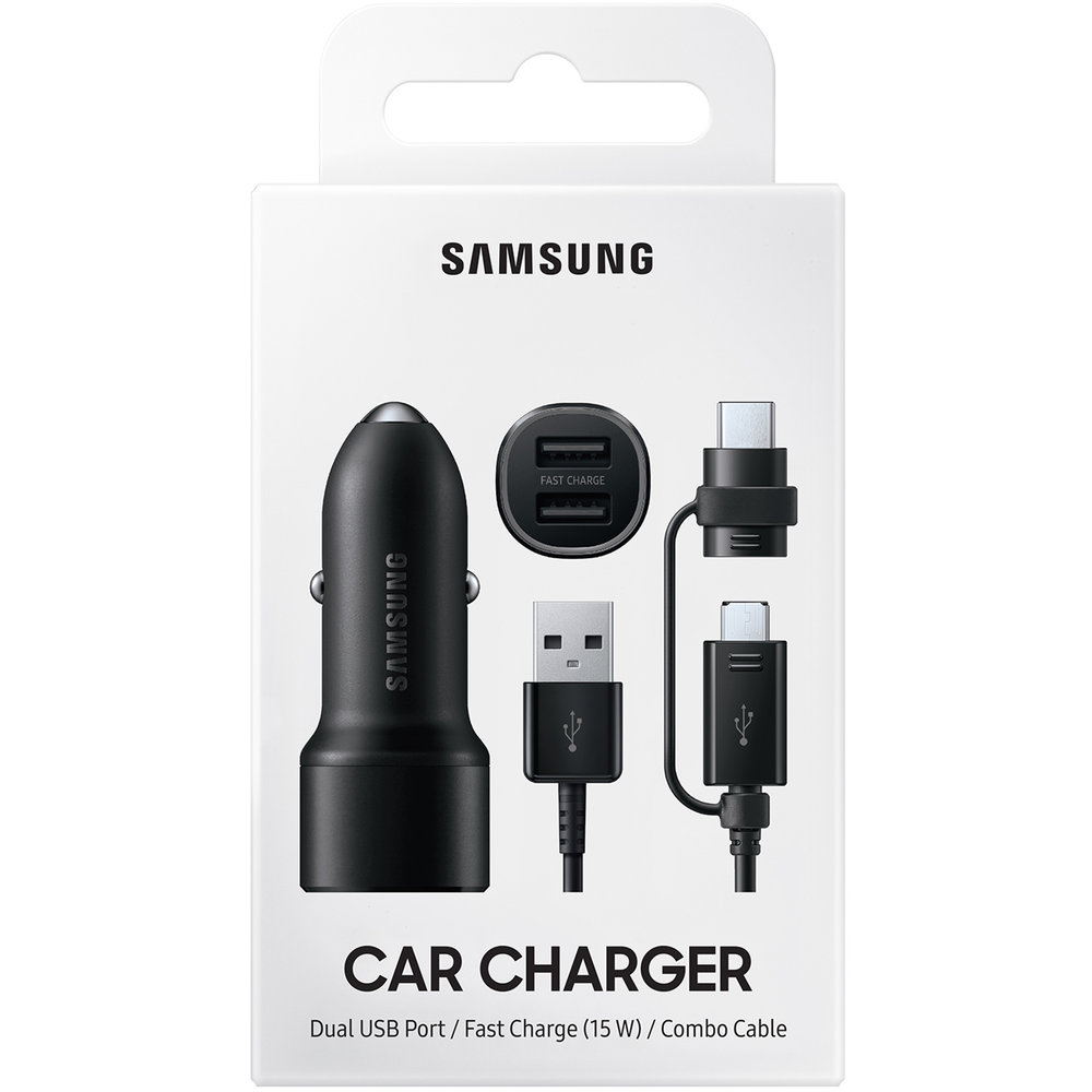 Samsung Fast Charging Dual USB Port Car Charger (15W) + Combo USB Cable EP-L1100WBEGEU - Black