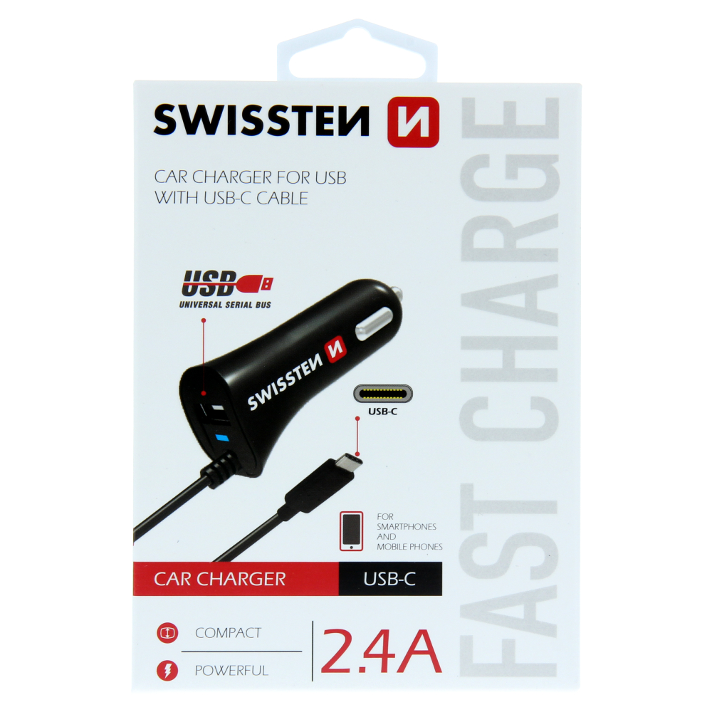 Swissten 2.4A USB-A & USB-C Car Charger - 20111500 + Type-C USB Cable - Black