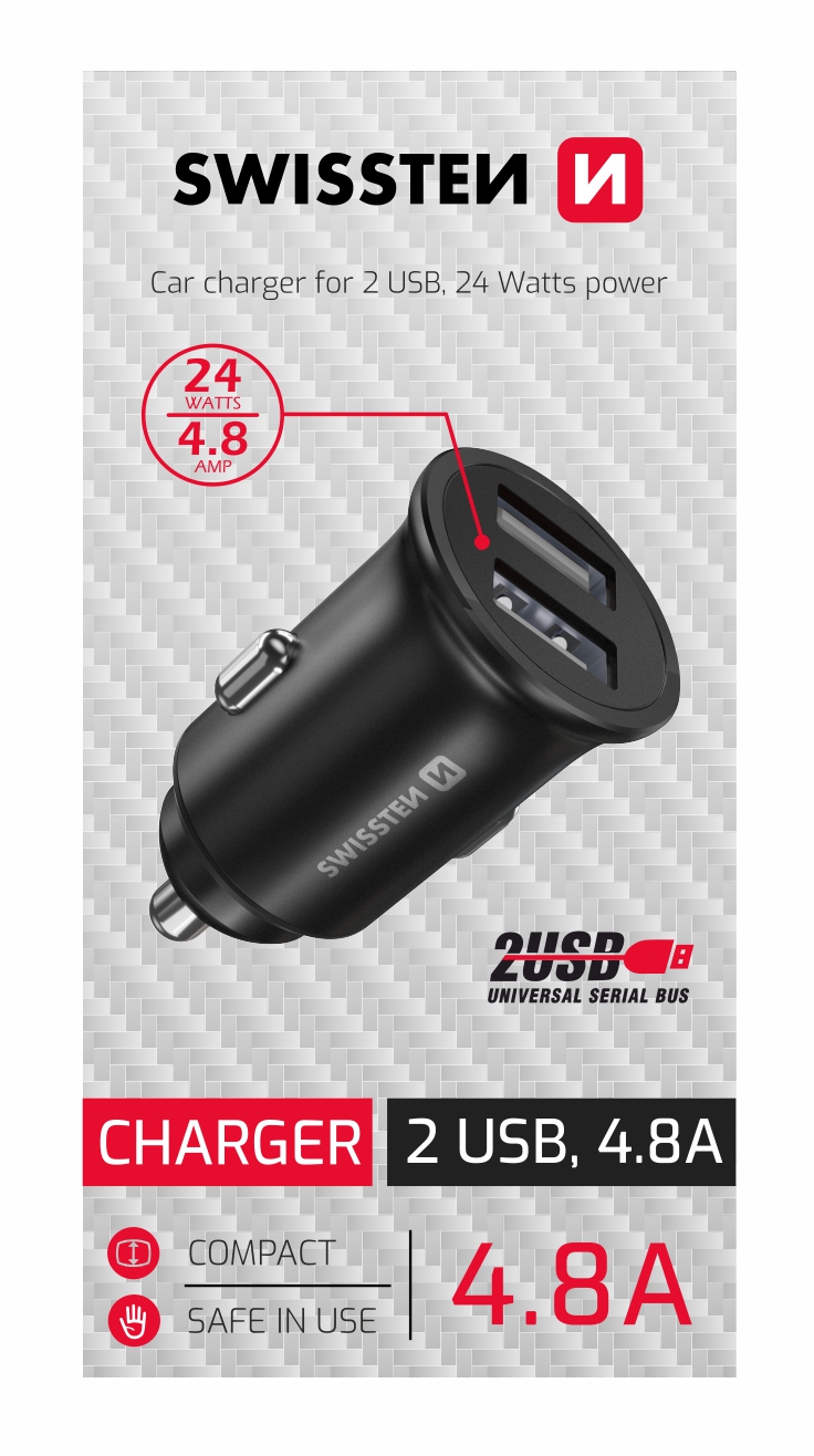 Swissten 4.8A Dual Port Car Charger - 20115000BOX - For CDU Box - Black