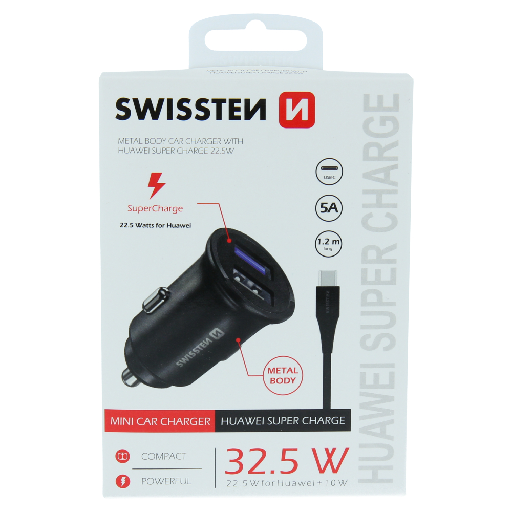 Swissten 5A SuperCharge Car Charger (32.5W) - 20116100 + Type-C USB Cable - Black-