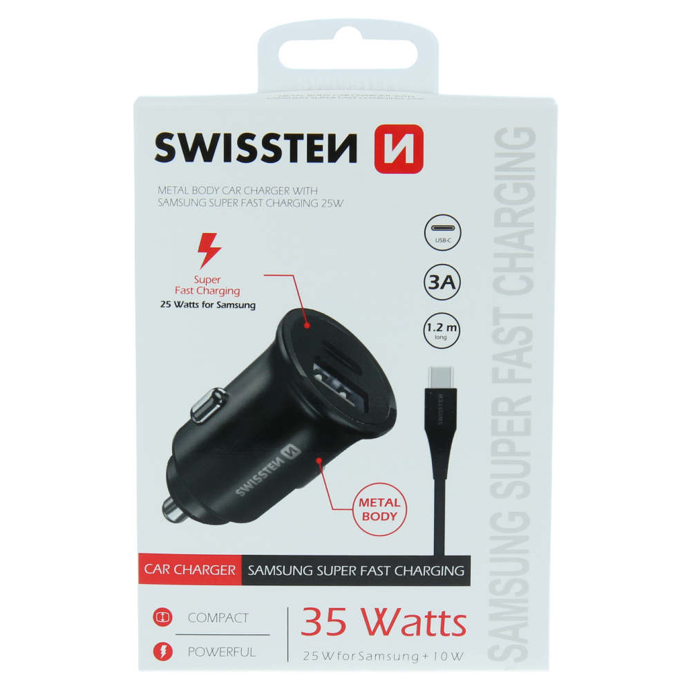 Swissten 3A Super Fast Charging Car Charger (35W) - 20117100 + Type-C USB Cable