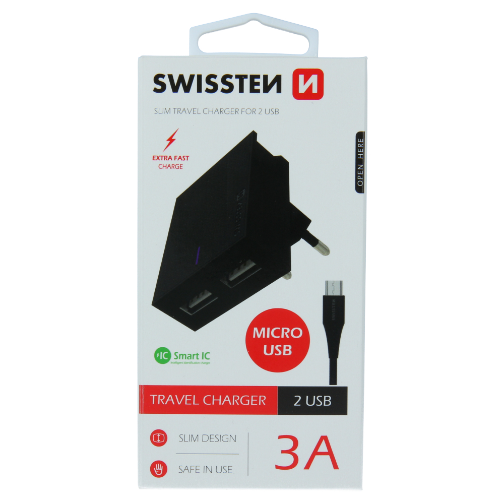 Swissten 3A Dual Travel Charger - 22042000 + Micro USB Cable - Black