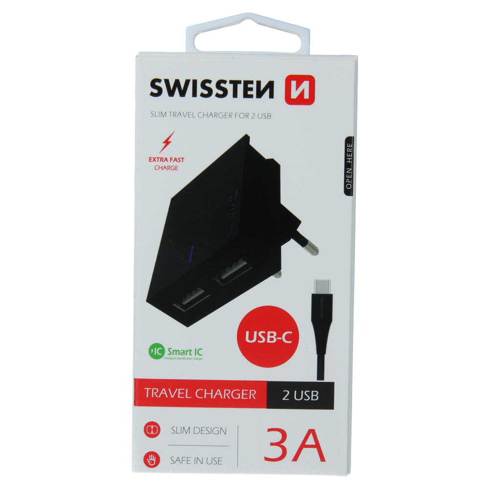 Swissten 3A Dual Travel Charger - 22044000 + Type-C USB Cable - Black