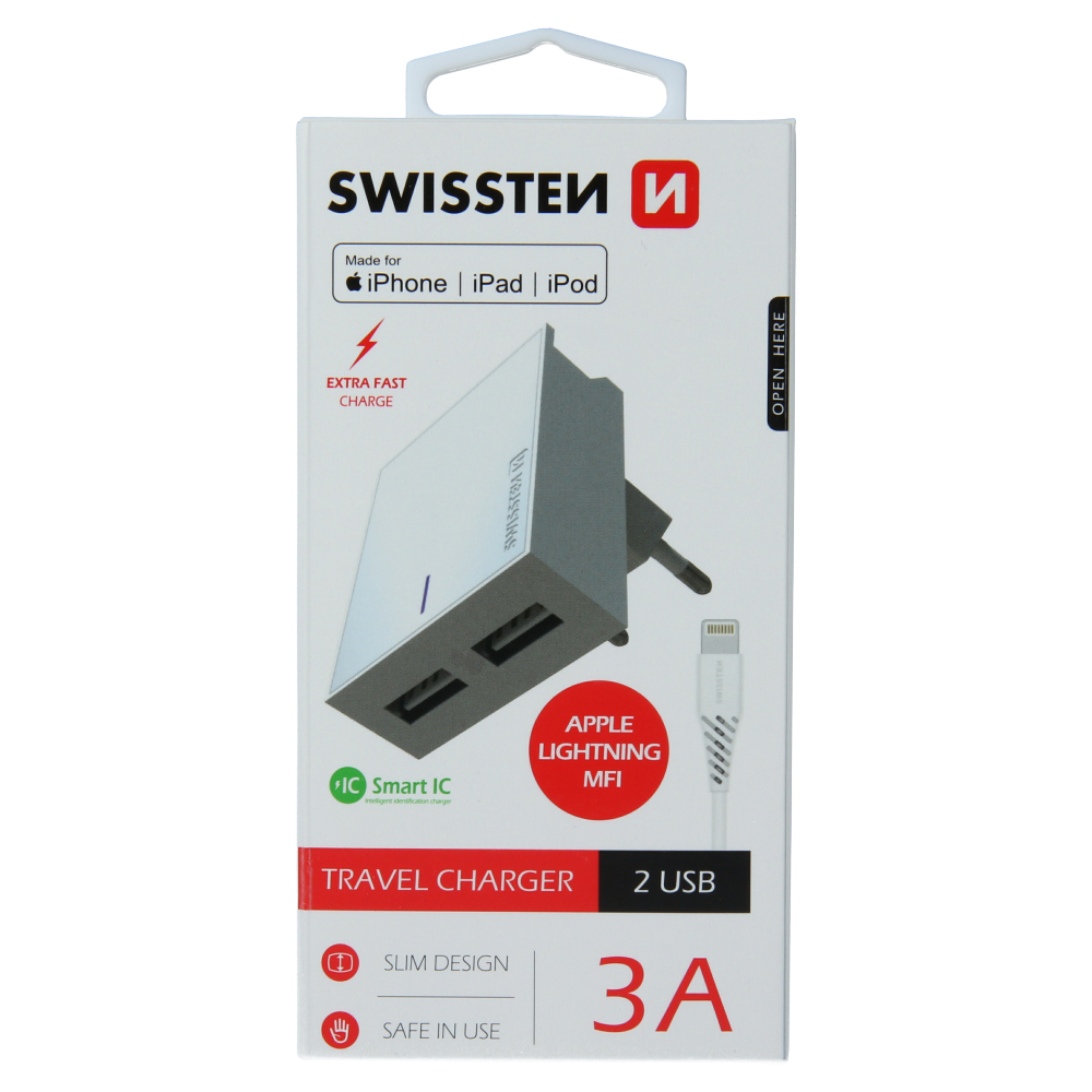 Swissten 3A Dual Travel Charger - 22045000 + MFI Lightning USB Cable - White