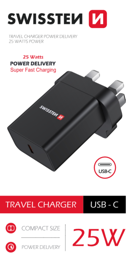 Swissten USB-C UK Travel Charger (25W) - 22045300 - Black