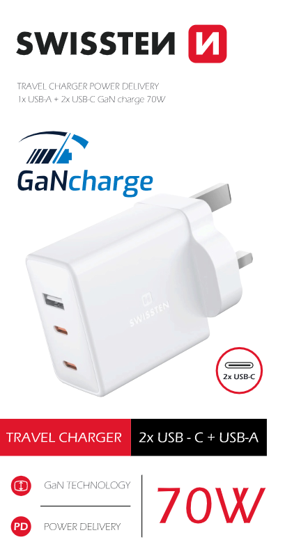 Swissten USB-C UK Travel Charger (70W) - 22045500 - White-