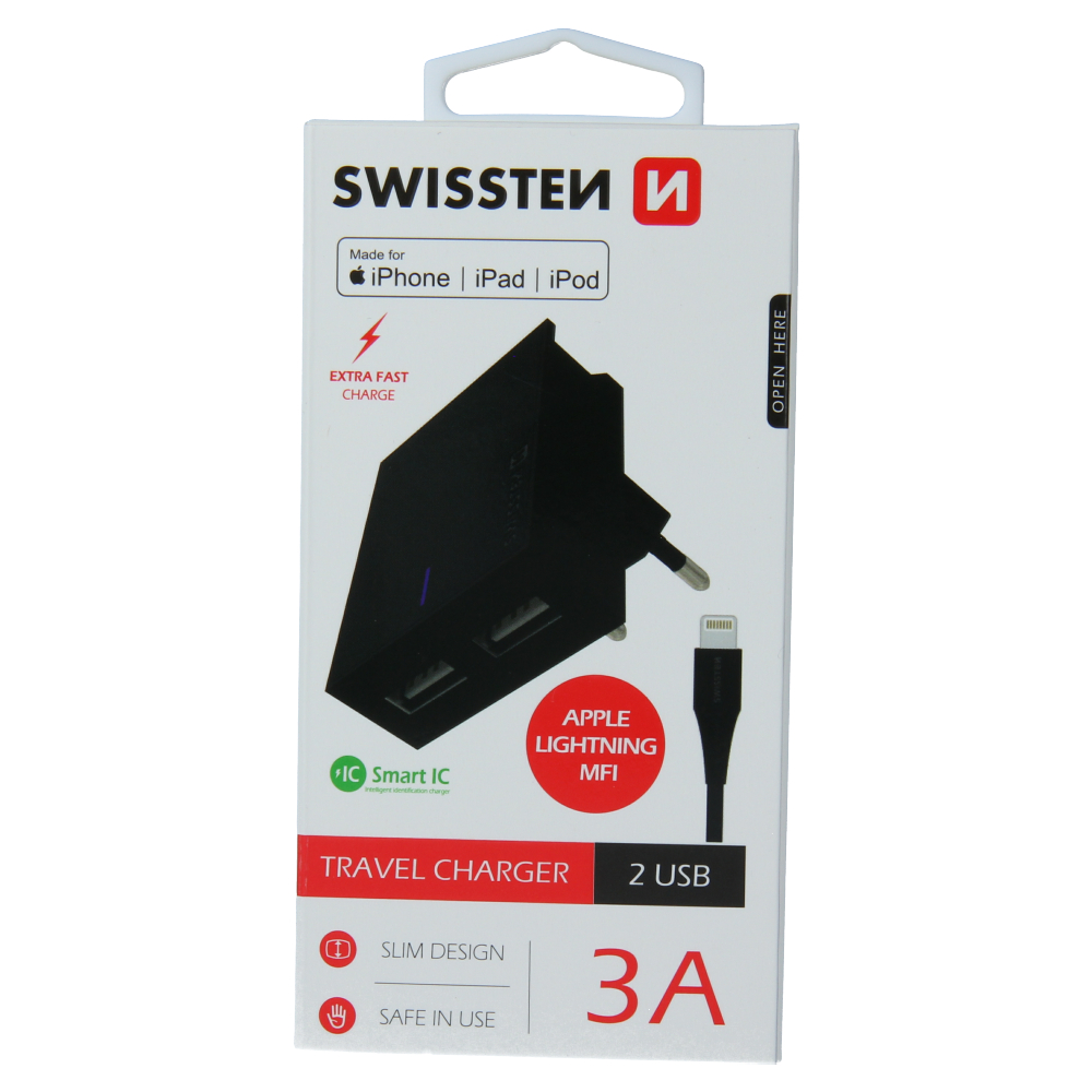 Swissten 3A Dual Travel Charger - 22046000 + MFI Lightning USB Cable - Black