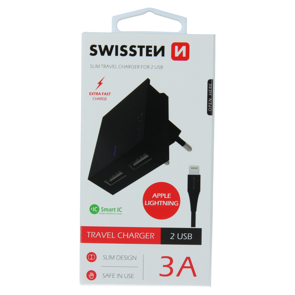 Swissten 3A Dual Travel Charger - 22048000 + Lightning USB Cable - Black