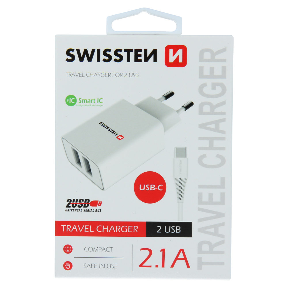 Swissten 2.1A Dual Port Travel Charger (10.5W) - 22053000 + Type-C USB Cable - White
