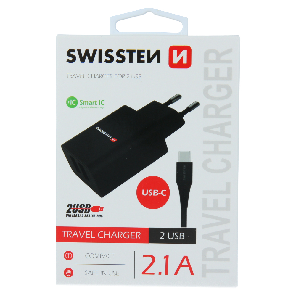 Swissten 2.1A Dual Port Travel Charger (10.5W) - 22054000 + Type-C USB Cable - Black