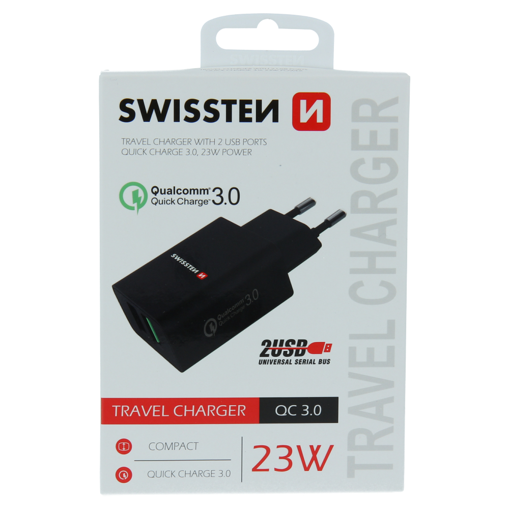 Swissten Dual Port Quickcharge Travel Adapter (23W) - 22060200 - Black-