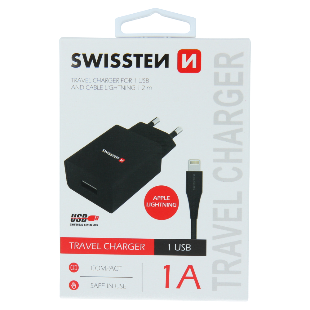 Swissten 1A Travel Charger - 22068000 + Lightning USB Cable - Black