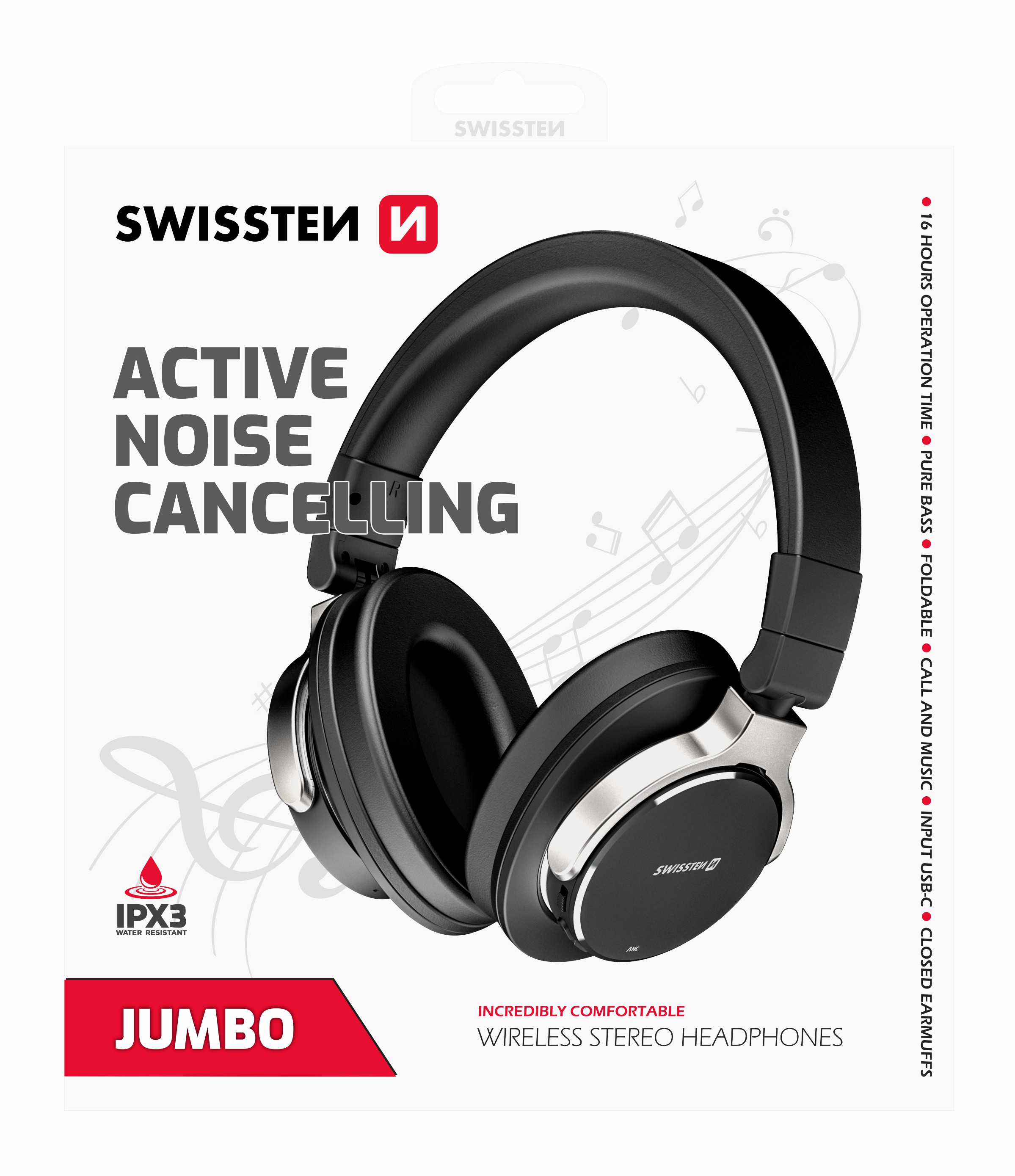 Swissten Jumbo Stereo Headphones - 52510700 - With Active Noise Cancelling - Black-