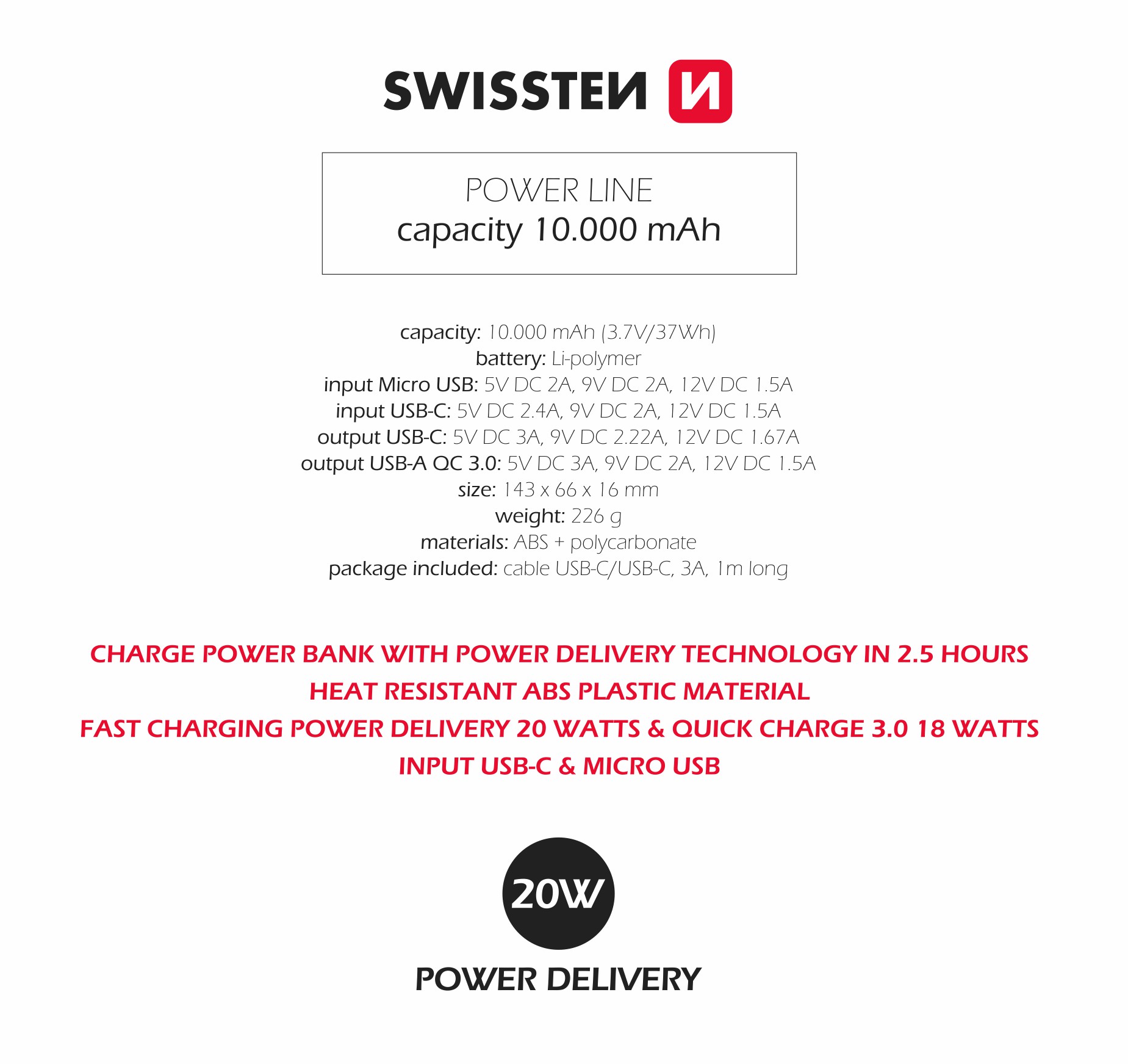 Swissten PowerLine Powerbank (20W) - 22013912 - 10.000 mAh - Black-