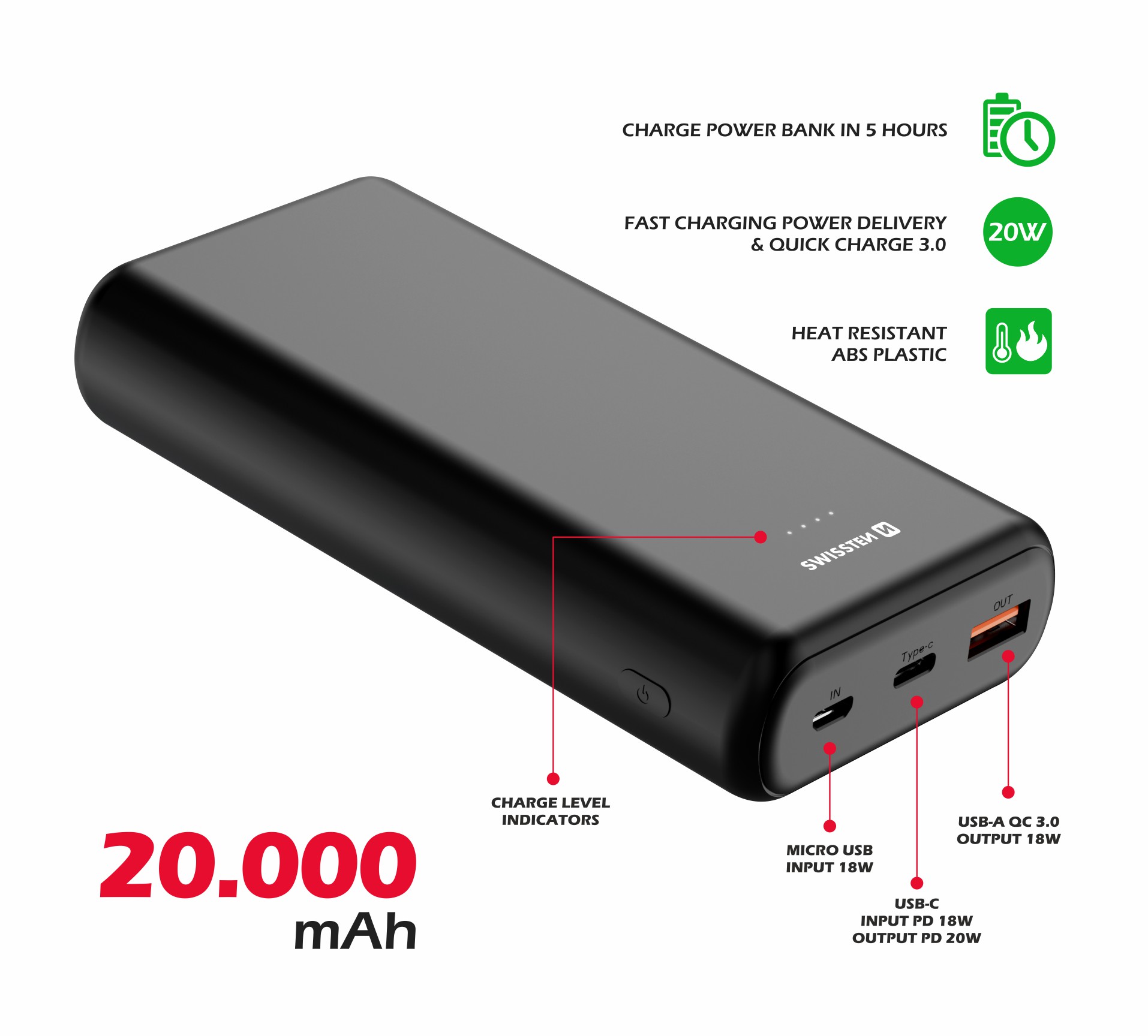 Swissten PowerLine Powerbank (20W) - 22013913 - 20.000 mAh - Black-