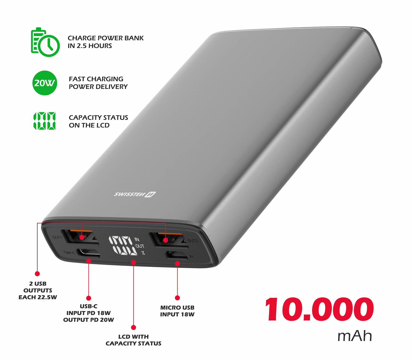 Swissten Aluminum PowerBank (20W) - 22013915 - 10.000 mAh - Grey-