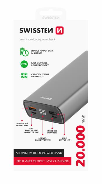 Swissten Aluminum PowerBank (20W) - 22013916 - 20.000 mAh - Grey