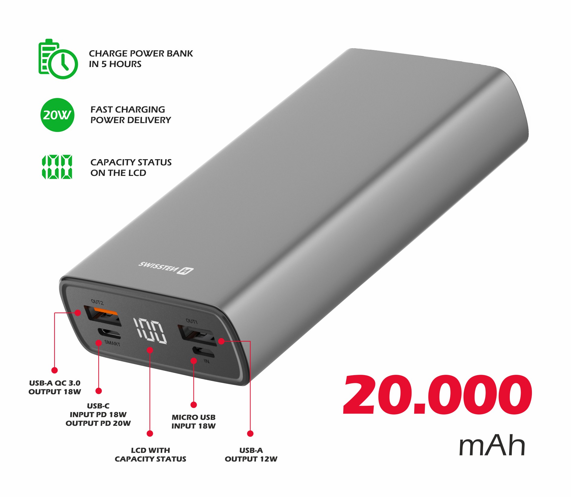Swissten Aluminum PowerBank (20W) - 22013916 - 20.000 mAh - Grey
