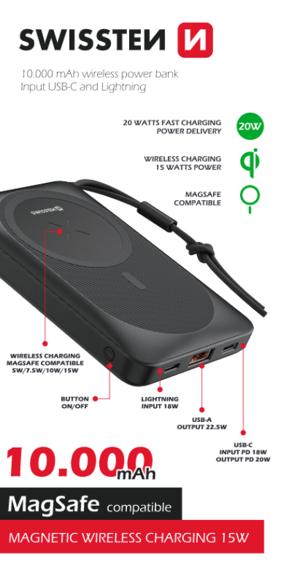 Swissten Magsafe Powerbank (15W) - 22013971 - 10.000 mAh - Black-