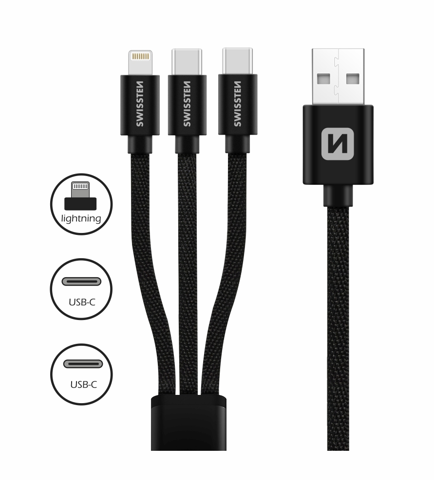 Swissten Textile 3-in-1 Data Cable - 72501103 - 1.2m - Black