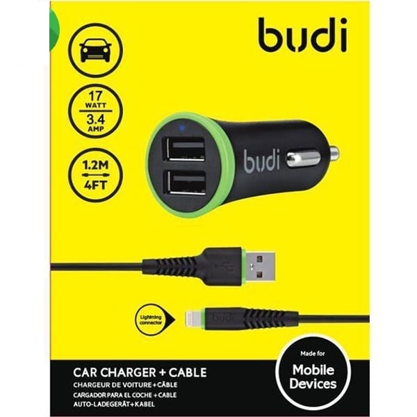 Budi 2 USB Car Charger + Lightning Cable - 1.2m - 2.4A