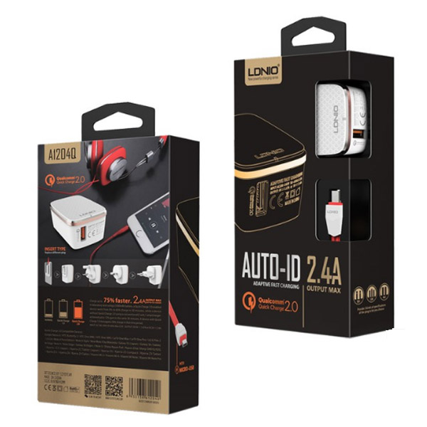 LDNIO A1204Q - 1 USB Plug 2.4A Fast Charger + Micro USB Cable - EU/UK  Power Socket