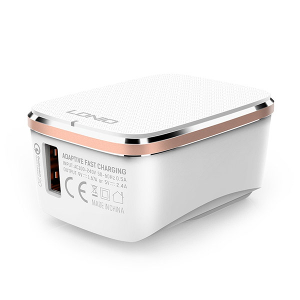 LDNIO - 1 USB Plug 2.4A Fast Charger + Lightning USB Cable - EU/UK  Power Socket - A1204Q 