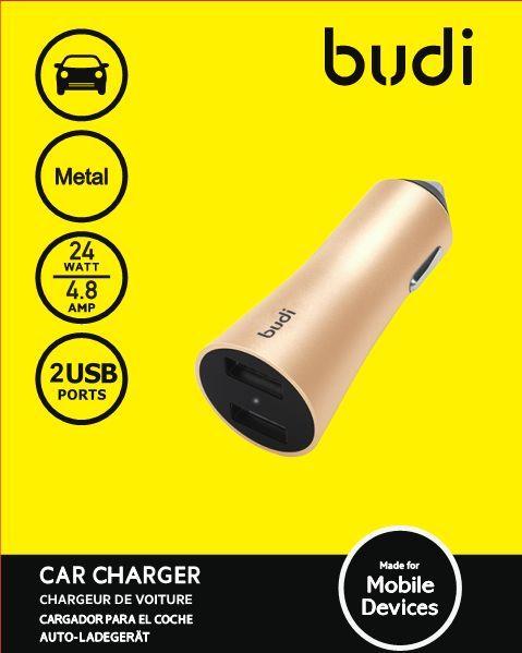 Budi All Metal 2 USB Car Charger With LED Indicator - Gold 