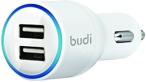 Budi 2 USB Car Charger With LED Blue Ring Indicator - White 