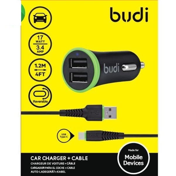 Budi 2 USB Car Charger + Type-C Cable - 1.2m - 2.4A