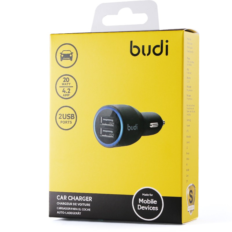 Budi 2 USB Car Charger With LED Blue Ring Indicator - White 